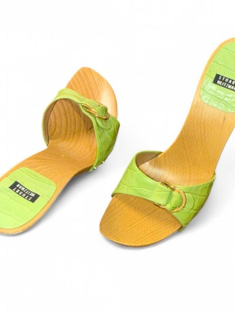Y2K Stuart Weitzman Lime Green Croc-Embossed Leather Wood Block Heel Mules - Picture 6 of 6